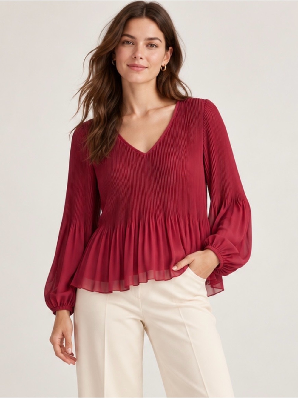 Quince Chiffon Pleated V-Neck Blouse Bright Burgundy Long Sleeve Size L NWOT